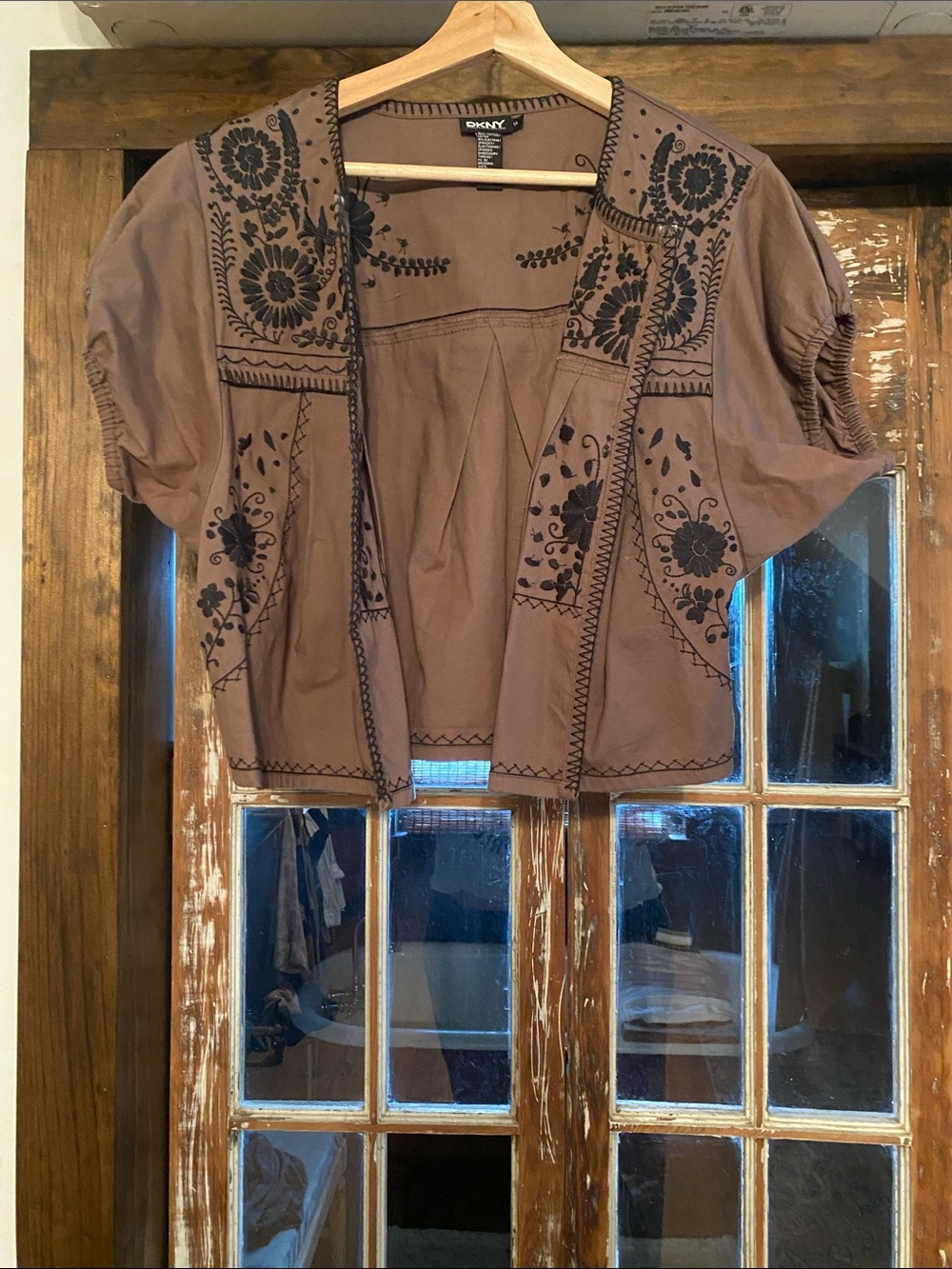 DKNY Brown Embroidered Short Sleeve Open Front Tunic